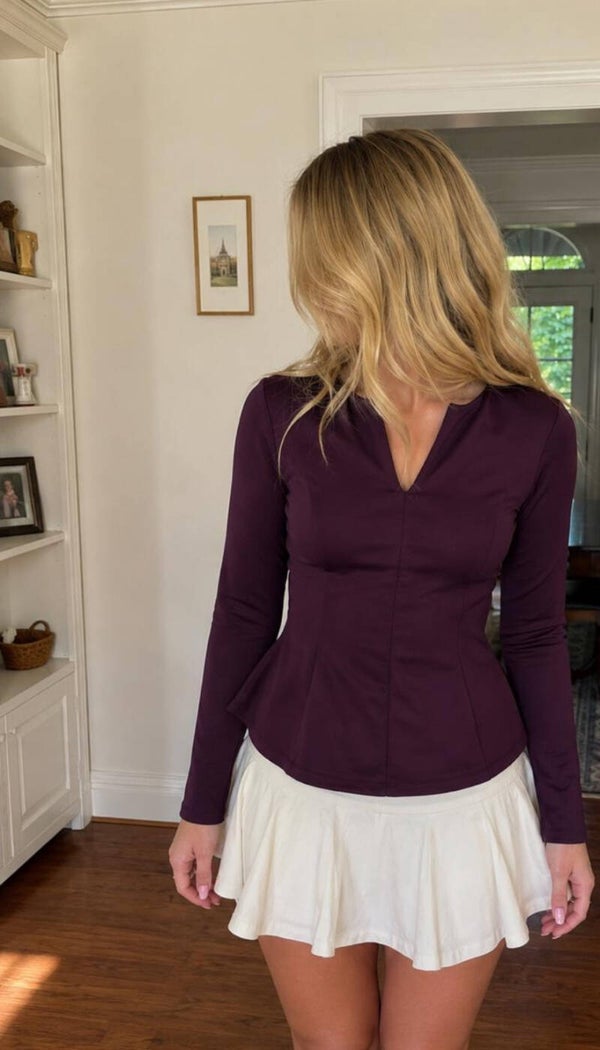 Purple Long Sleeve Top With V Neck
