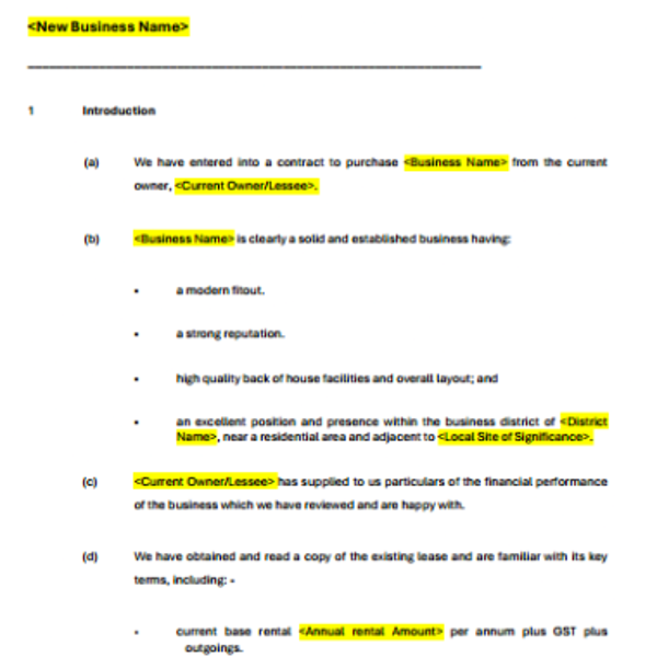 Template Business Plan Existing Hospitality
