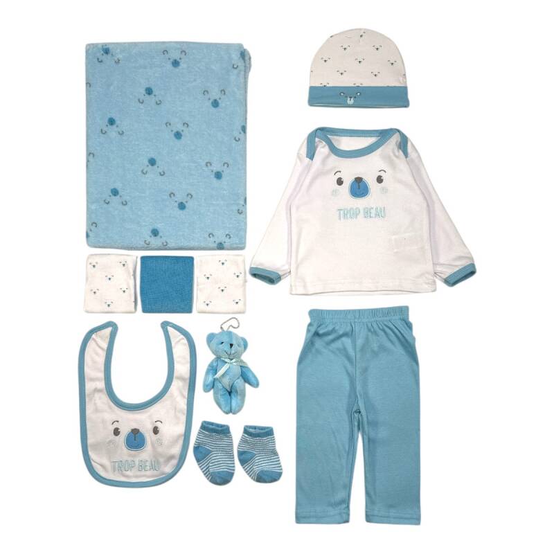 Vue complète du coffret naissance bébé garçon 11 pièces bleu Tom Kids prêt à offrir