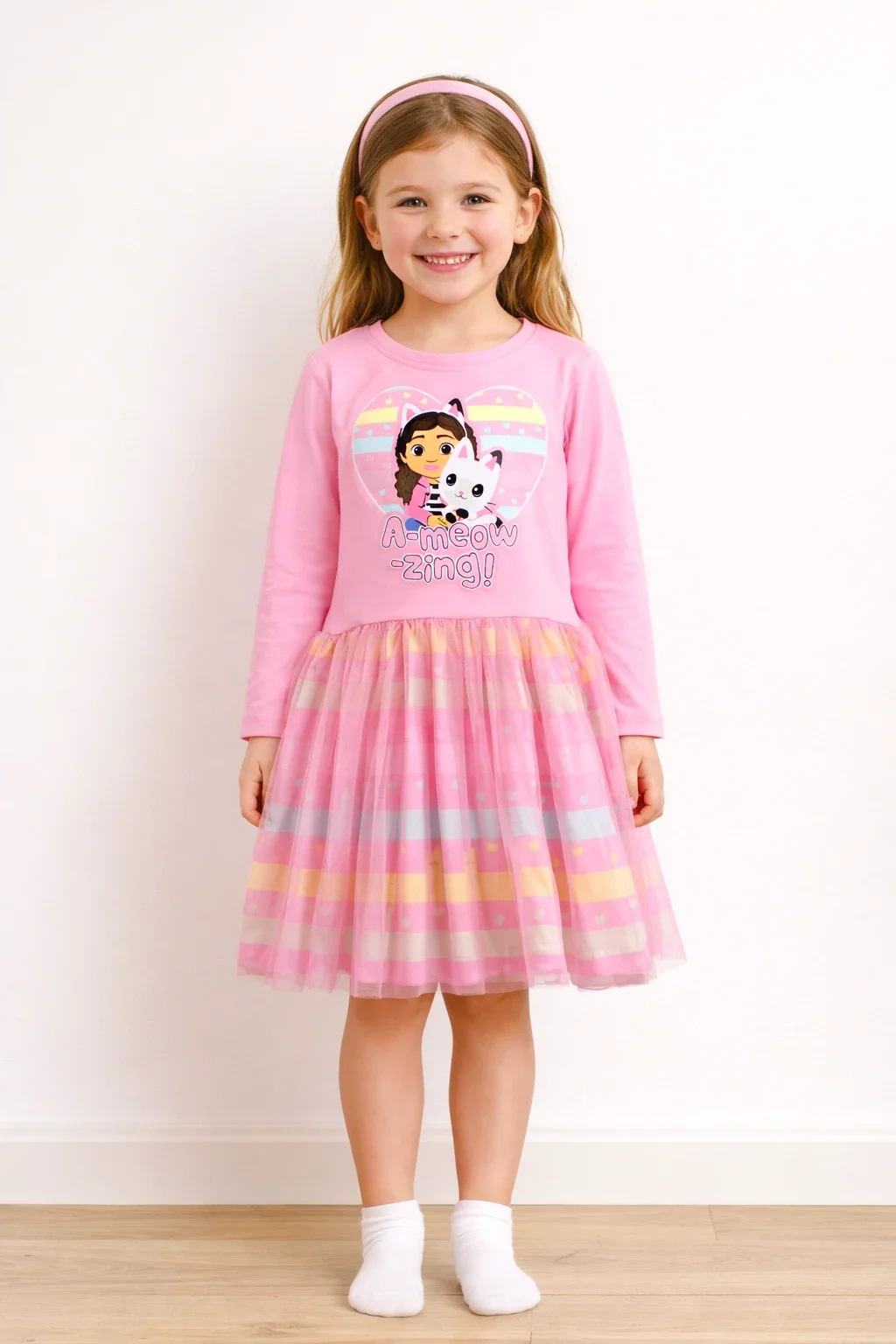Robe fille Gabby et la Maison Magique rose – manches longues en tulle – 2 à 8 ans