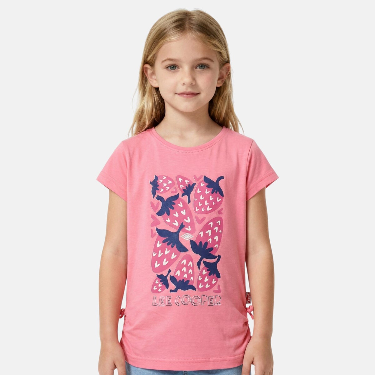 T-shirt fille en coton biologique rose avec col claudine brodé - silver