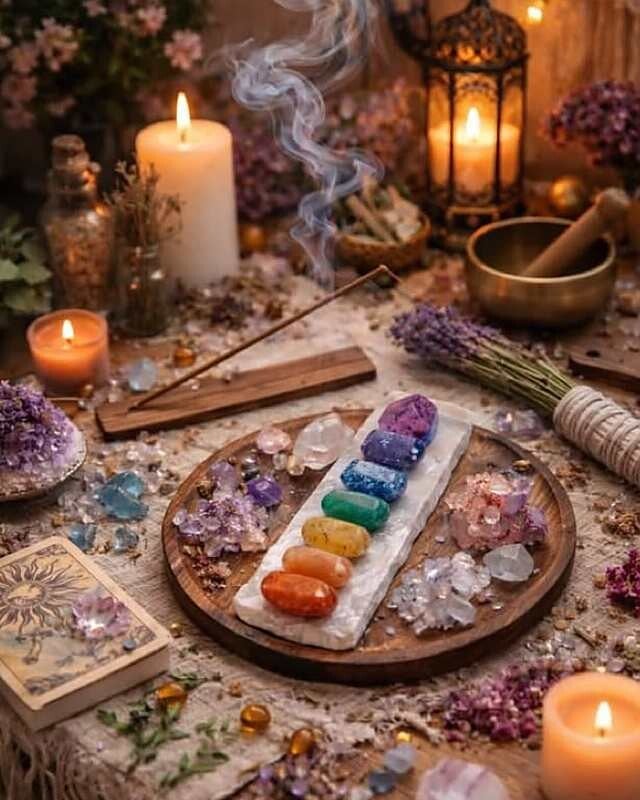 Crystals, incense and singing bowl used in Reiki and energy healing sessions in Calgary
