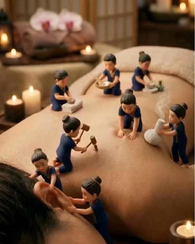Illustration of many hands working together during a massage treatment