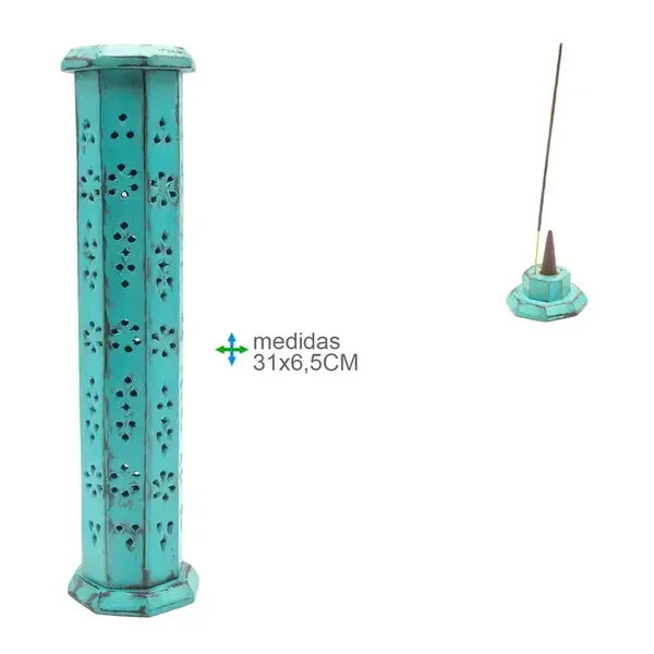 Räucherstäbchenhalter Turm Holz türkis