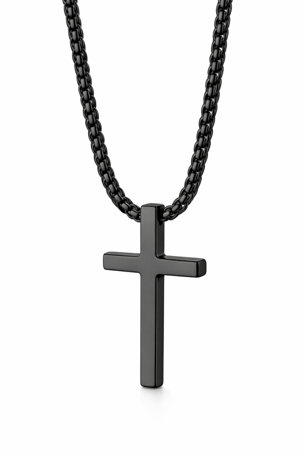 Zwart kleurige ketting met kruisje van hoge kwaliteit RVS klein - CD0002E2