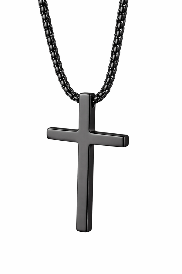 Zwart kleurige ketting met kruisje van hoge kwaliteit RVS middel - CD0002E2