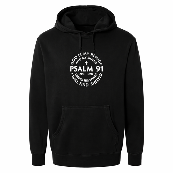 Hoodie unisex zwart met de tekst God is my refuge and my shield - CD1002A1