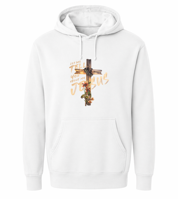 Hoodie unisex wit met de tekst Let me tell you about my Jesus - CD1002A1