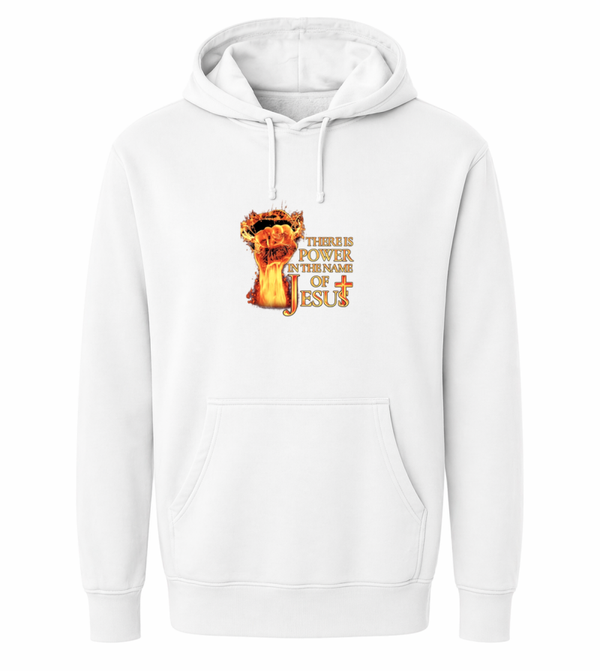 Hoodie uniseks wit met de tekst There is power in the name of Jesus - CD1002A2