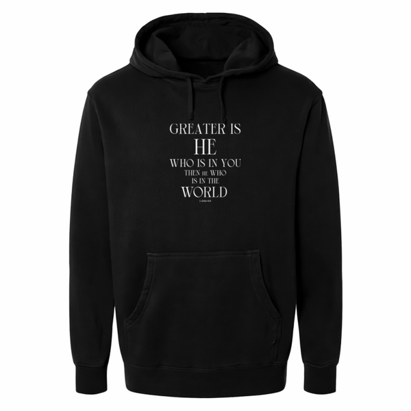 Hoodie uniseks zwart met de tekst Greater is He who is in you - CD1002A2