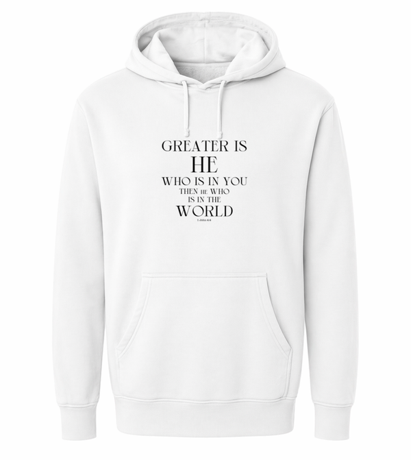 Hoodie uniseks wit met de tekst Greater is He who is in you - CD1002A2
