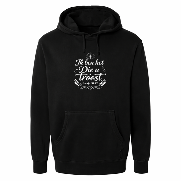 Hoodie uniseks zwart met de tekst Ik ben het die u troost - CD1002A3