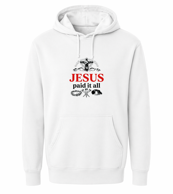 Hoodie uniseks wit met de tekst Jesus paid it all - CD1002B3