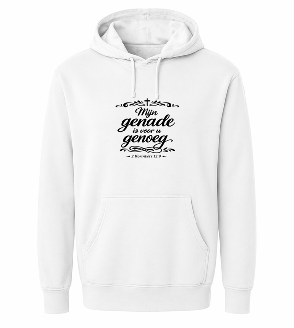 Hoodie uniseks wit met de tekst Mijn genade is voor u genoeg - CD1002B3