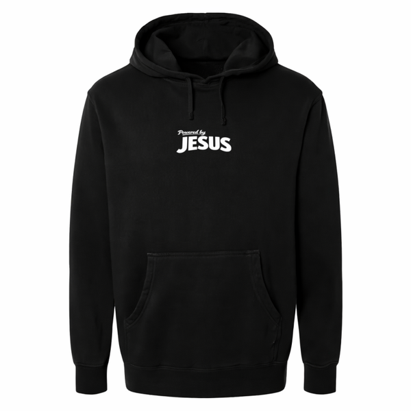 Hoodie unisex zwart met de tekst Powered by Jesus - CD1002B1