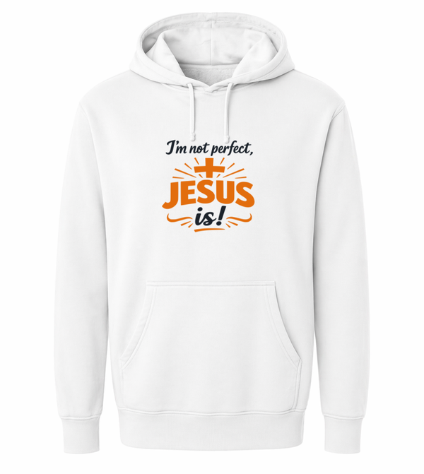 Hoodie uniseks wit met de tekst I'm not perfect Jesus is! - CD1002C1