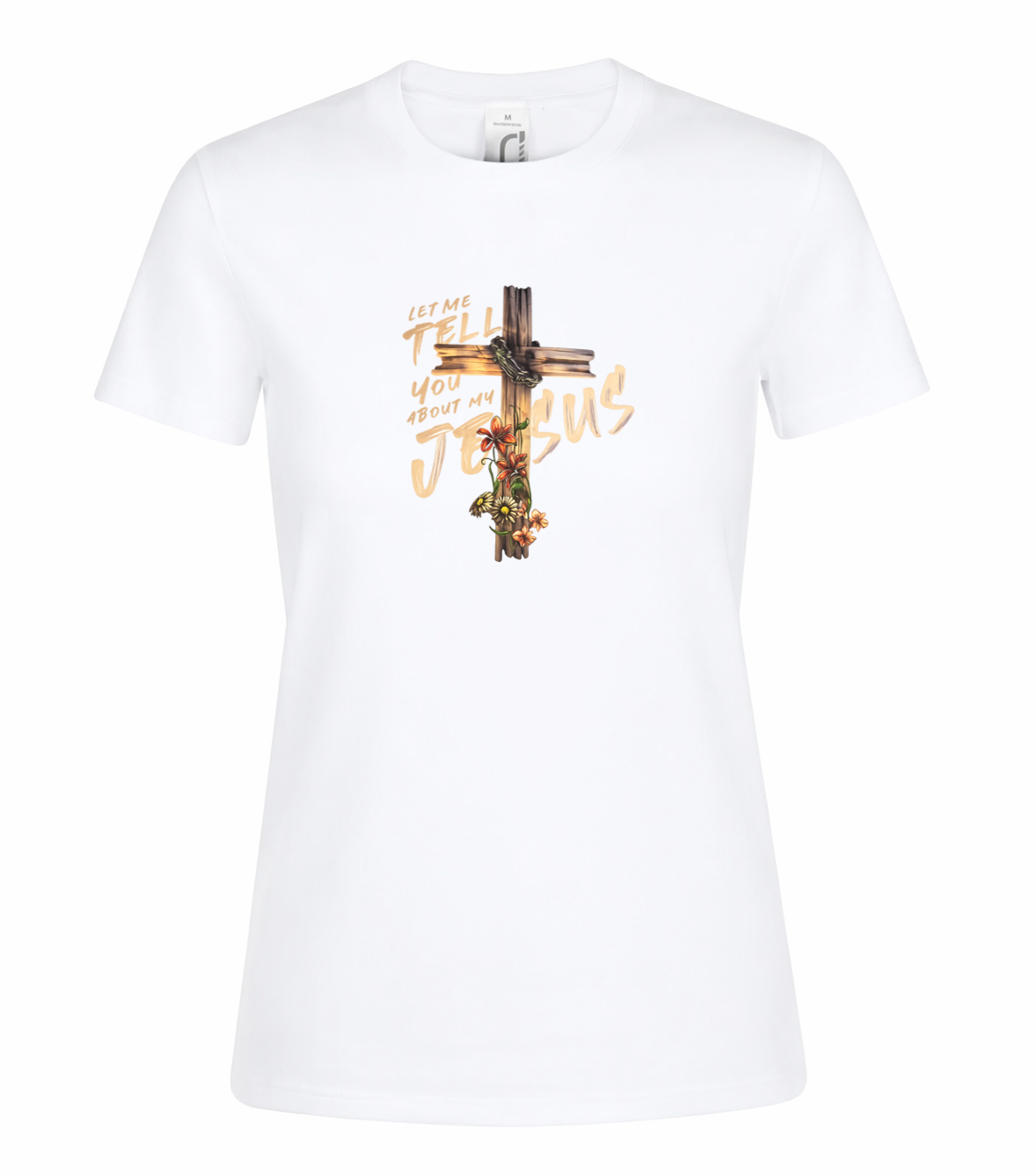 T-shirt dames wit met de tekst Let my tell you about my Jesus - CD1002A1
