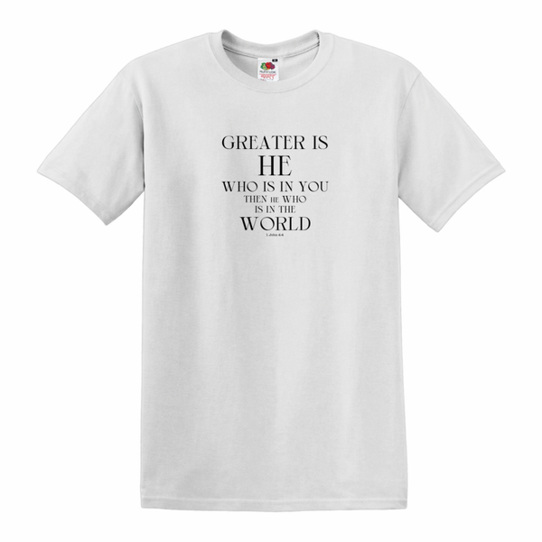 T-shirt uniseks wit met de tekst Greater is He who is in you, then he who is in the world - CD1002A2