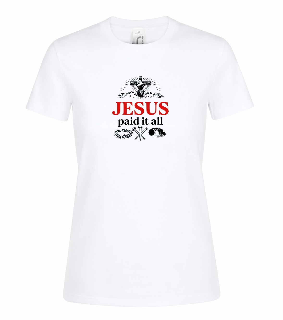 T-shirt dames wit met de tekst met Jesus paid it all - CD1002A3