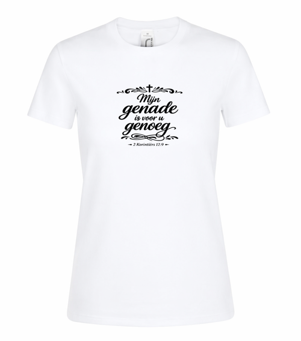 T-shirt dames wit met de tekst met Mijn genade is voor u genoeg - CD1002A3