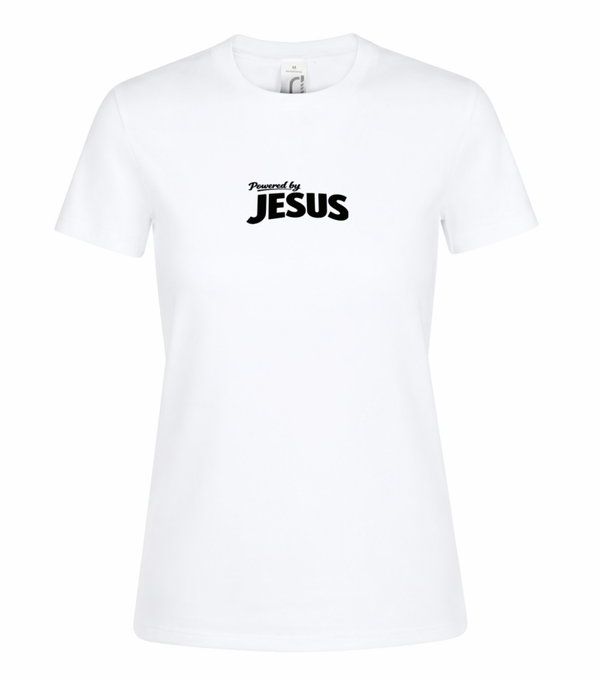 T-shirt dames wit met de tekst Powered by Jesus - CD1002B1