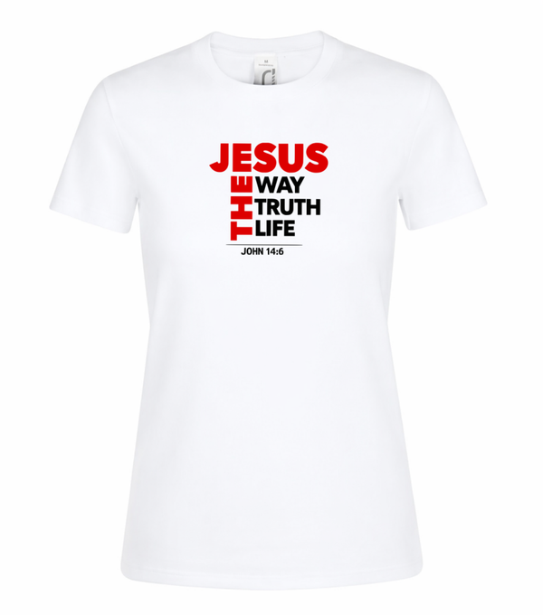 T-shirt dames wit met de tekst Jesus the way the truth the life - CD1002B2