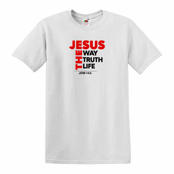 T-shirt uniseks wit met de tekst Jesus the way the truth the life - CD1002B2