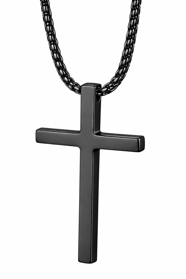 Zwart kleurige ketting met kruisje van hoge kwaliteit RVS groot - CD0002E2