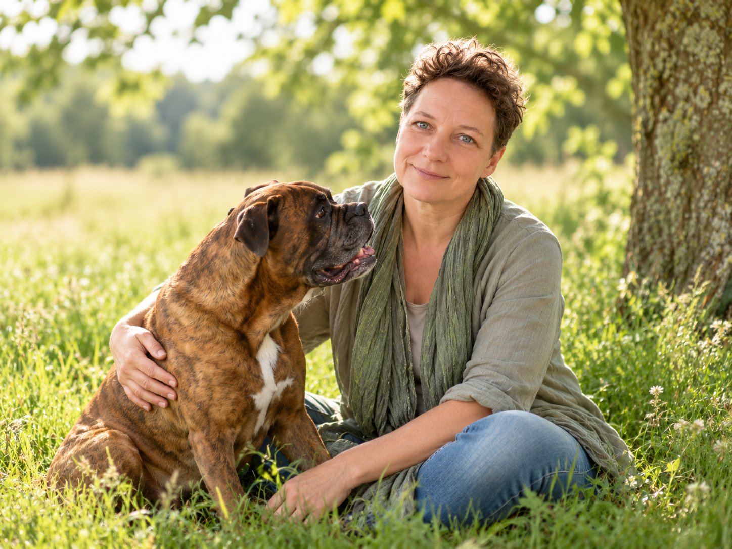 Doreen Hellfritz mit ihrem Hund Odi in natürlicher Umgebung