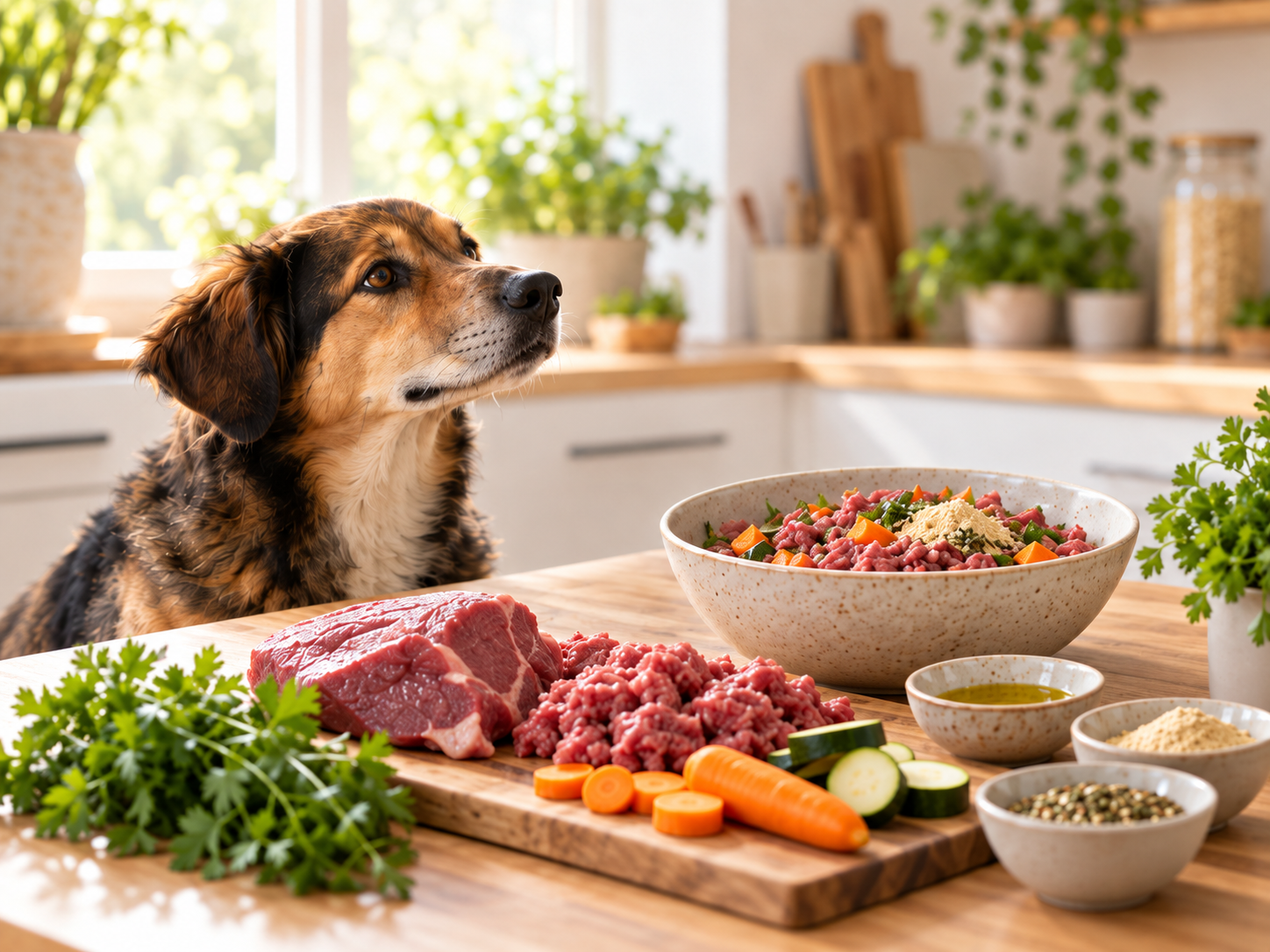 Hund mit ausgewählten Lebensmitteln für eine individuell zusammengestellte Fütterung
