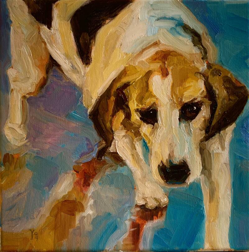 Eengevlekte hond op op een spiegelende tegelvloer. Olieverf op canvas