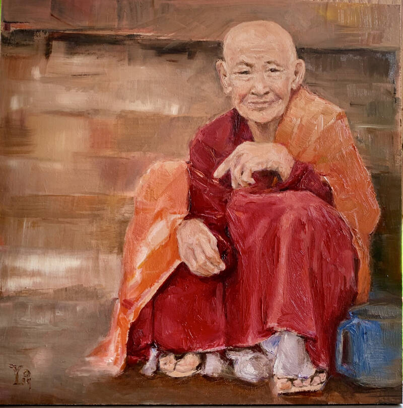 zittende oude boeddhist