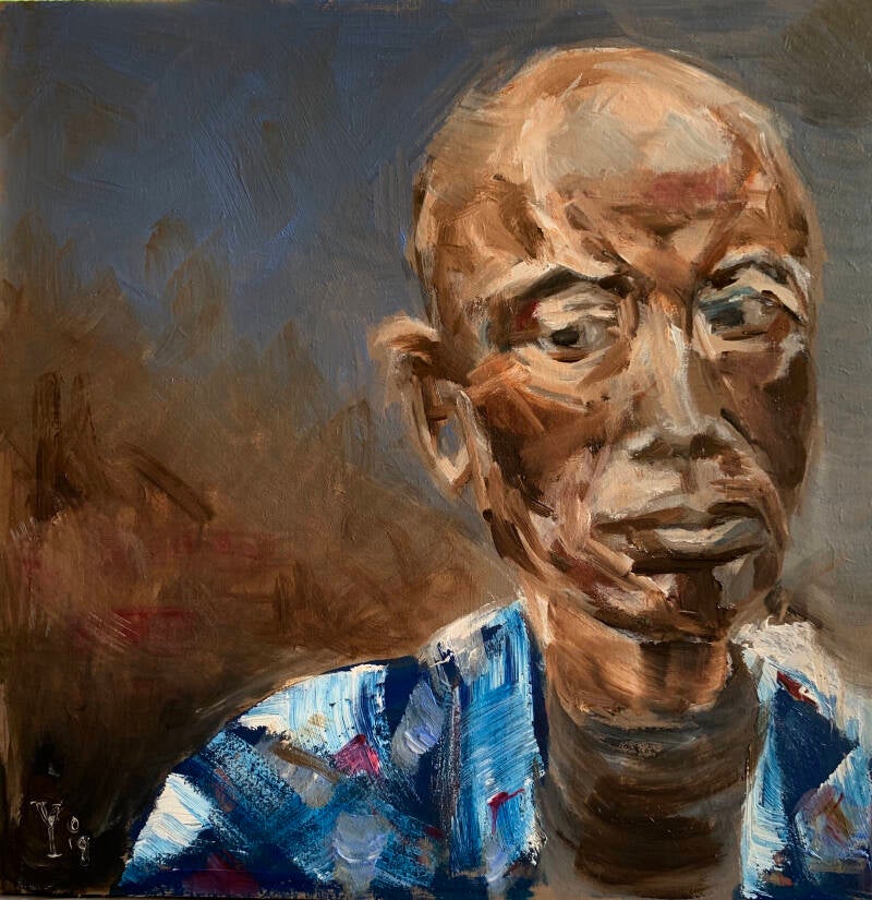 geschilderdevoor zichuit starende oude nepaleese man met rose ijsmuts