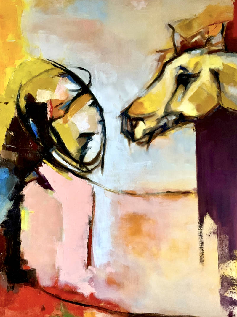 Dit is een modern olieverfschilderij met frisse kleuren van een vrouw en een paard. Ze kijken elkaar diep in de ogen en er lijkt een diepe band van wederzijds begrip te bestaan tussen mens en dier. Als dieren konden praten. wijsheid, waarheid en schoonhei