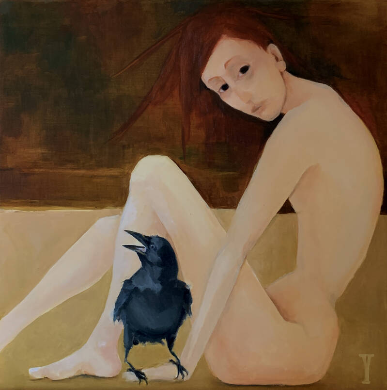 Jan Mankes challenge. Olieverfschilderij van een naakte abstracte vrouw met een kraai