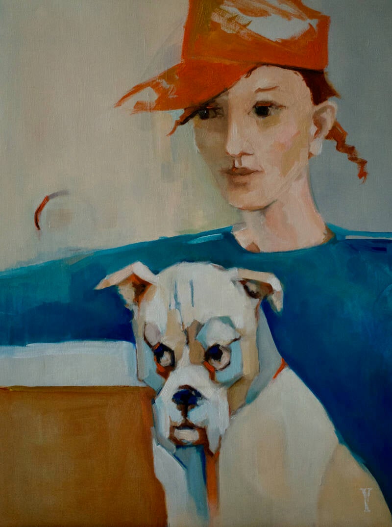 Licht en vreemd schillderij van een bulldog en een mens. Fris kleurgebruik 