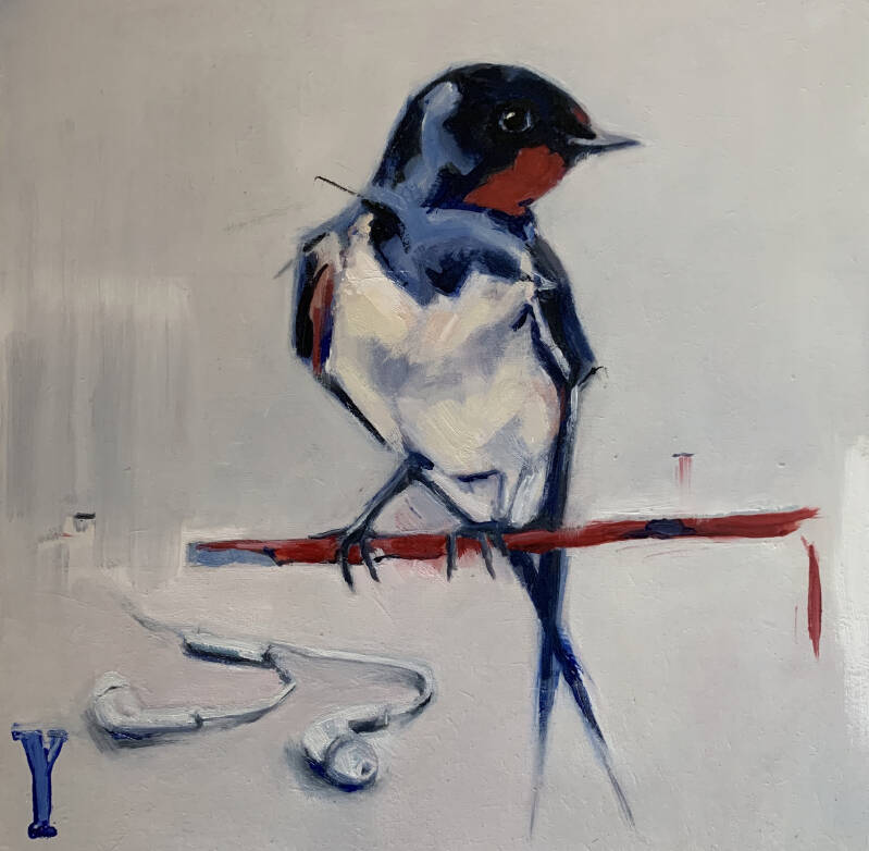 Afbeelding  van een zwaluw op een rode draad met op de ondergrond een koptelefoon 