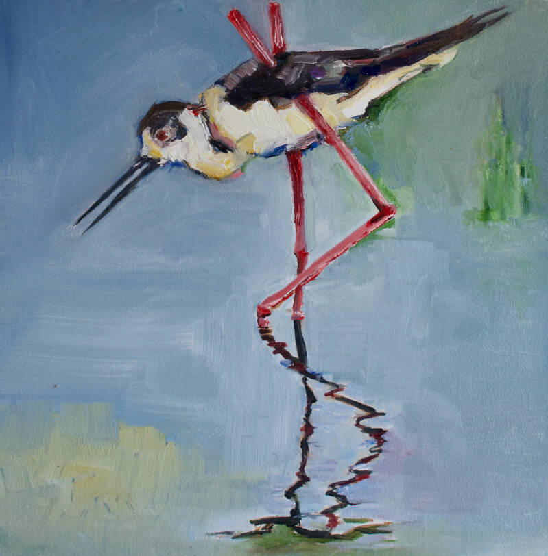 een watervogel, een steltloper, die op stelten loopt te waden. Olieverf