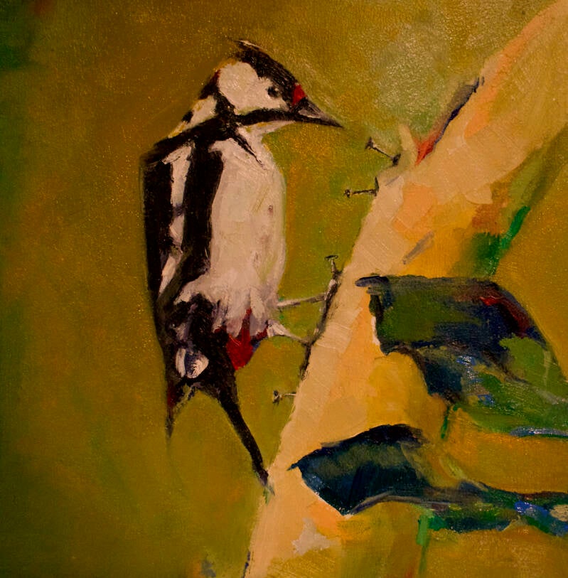 specht die spijker in boom slaat in olieverf geschilderd