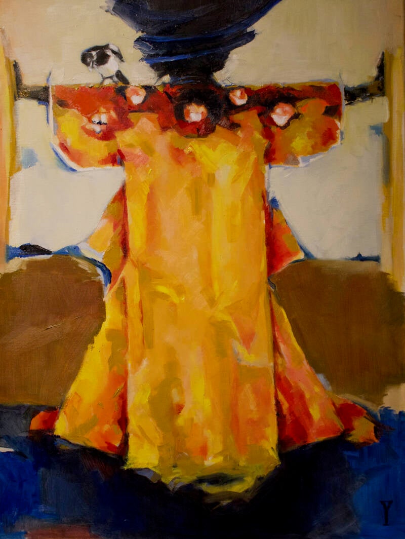 Persoon in gouden kimono met ekster op schouder. Olieverfschilderij