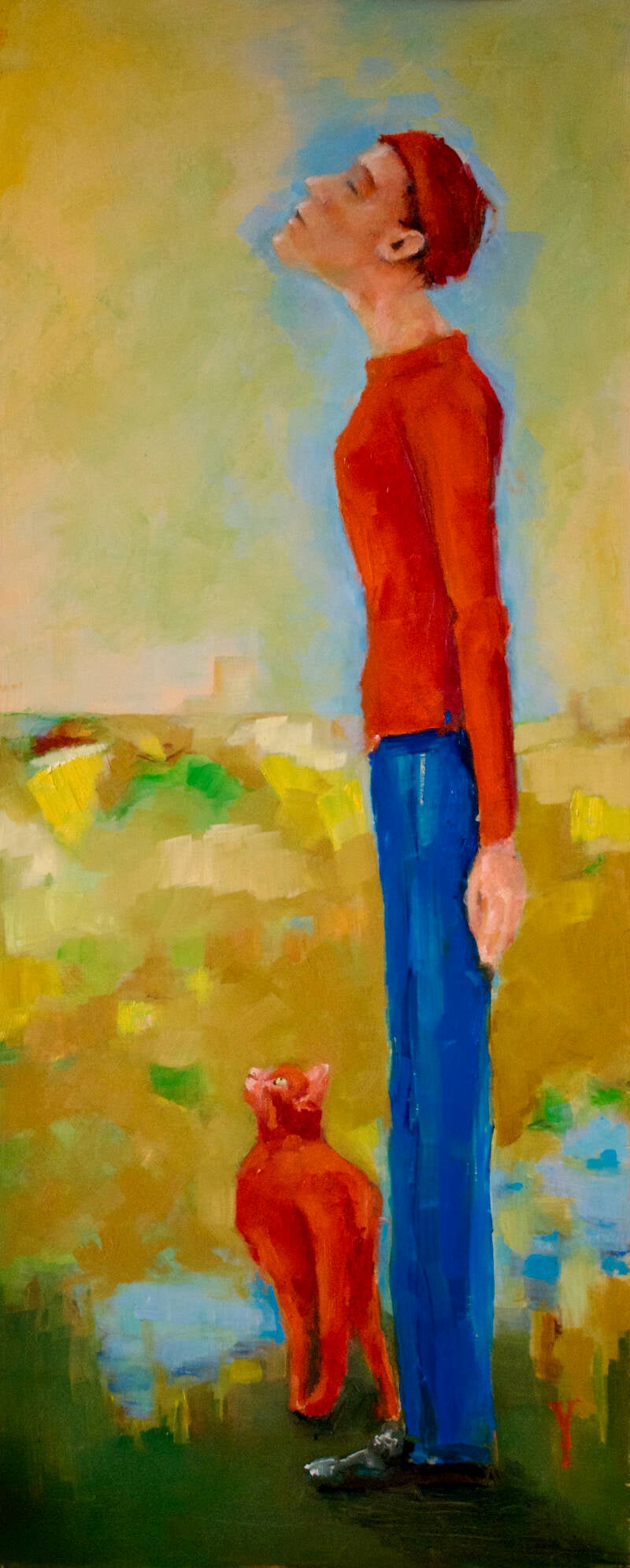 Man staat met zijn gezicht naar de hemel en negeert een kat die om aandacht vraagt