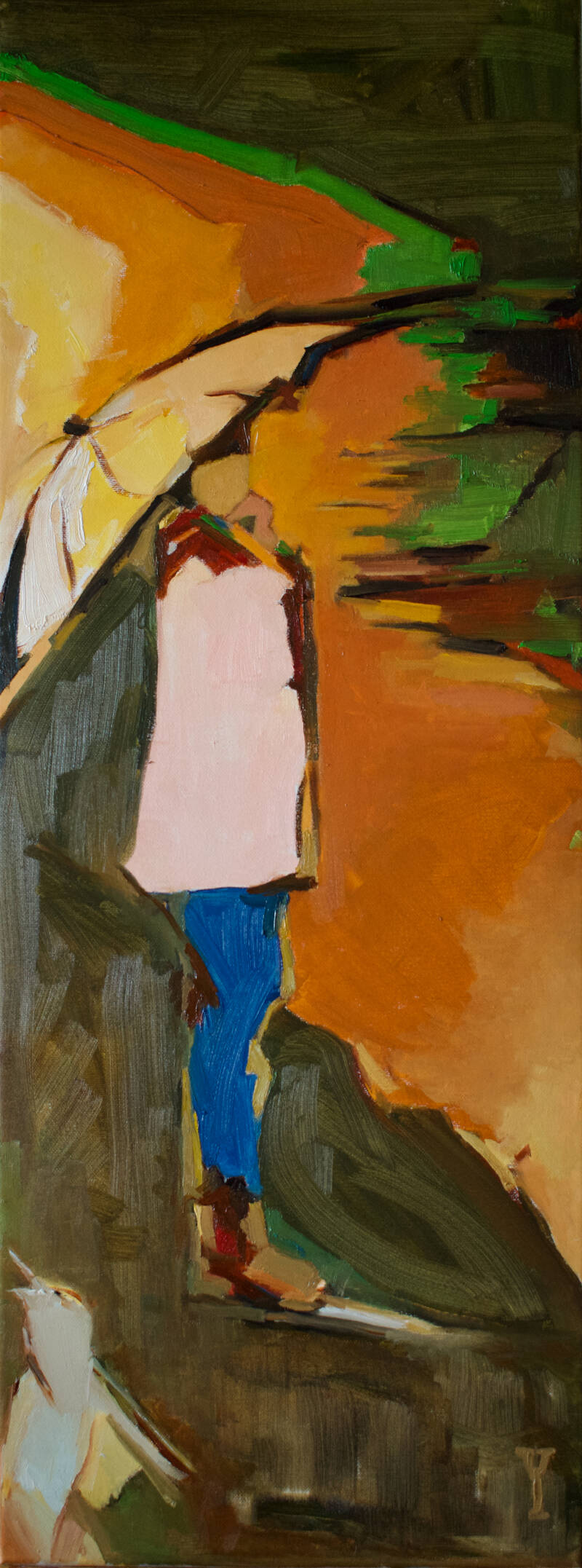 abstract realistisch schilderij van persoon met paraplu bij een oranje rivier