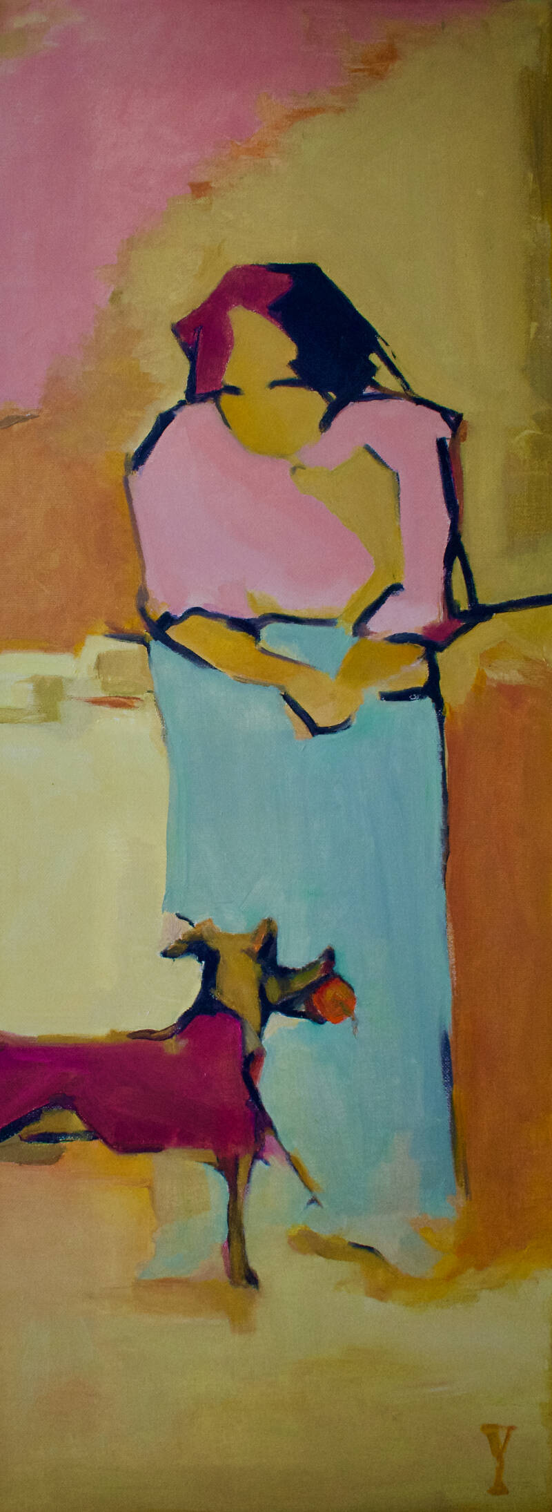 schilderij van een vrouw, die naar een hond met een wortel kijkt