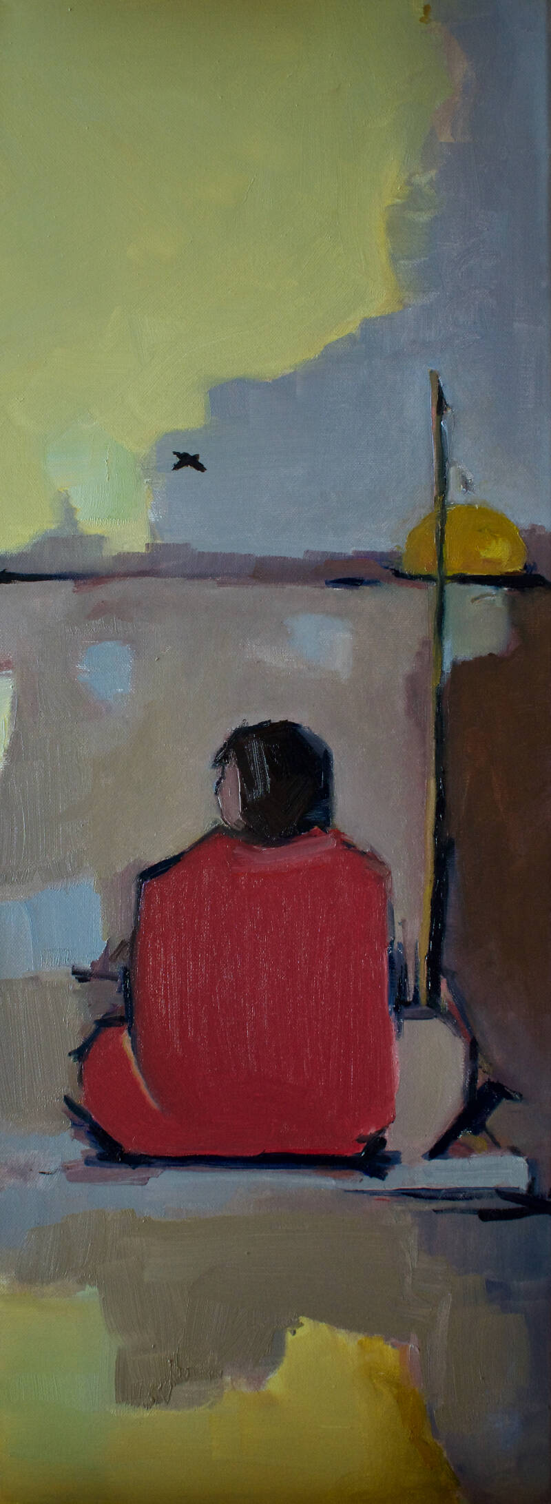 zittend persoon, die vist naar de ondergaande zon