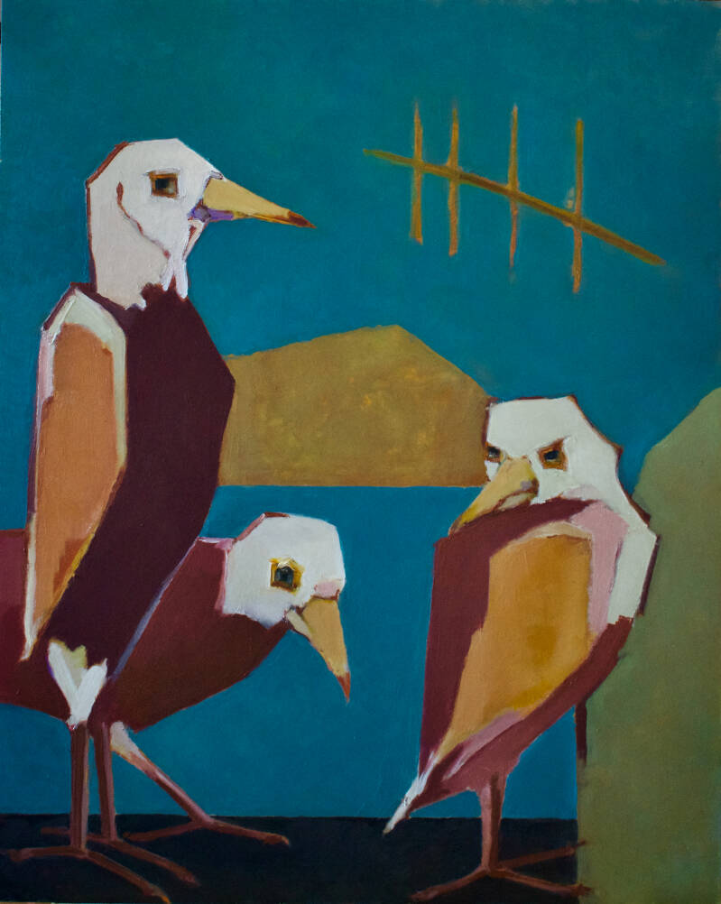 afbeelding van drie abstracte meeuwen.