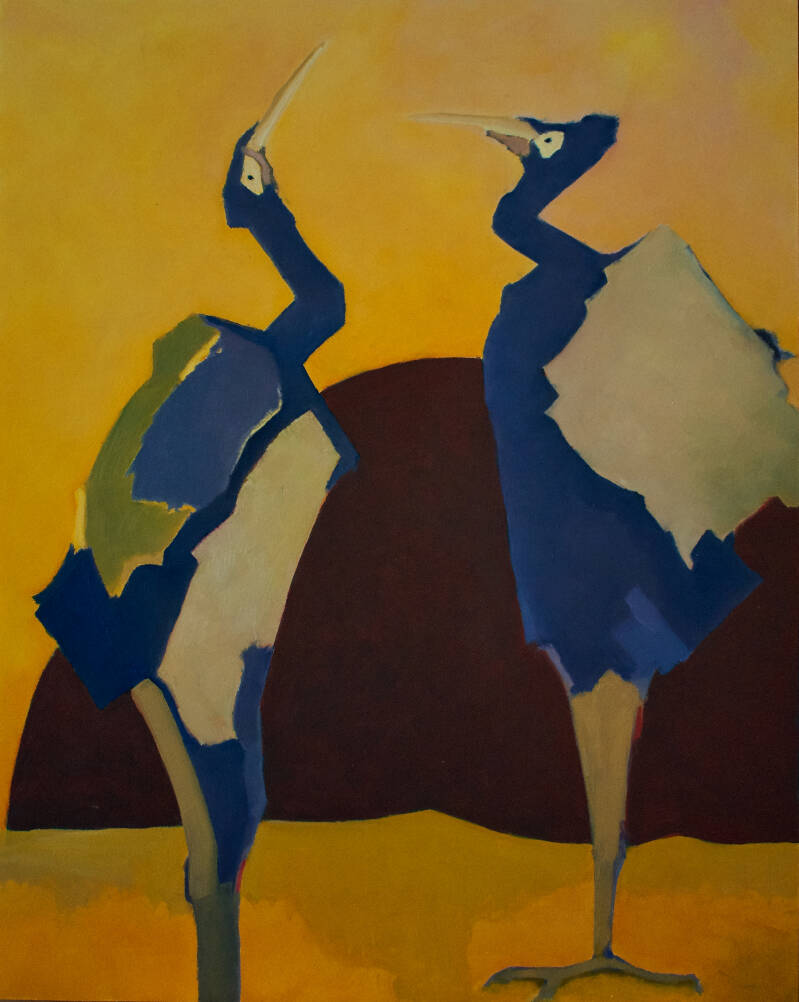 abstract schilderij van twee kraanvogels met ruzie voor de rode zon