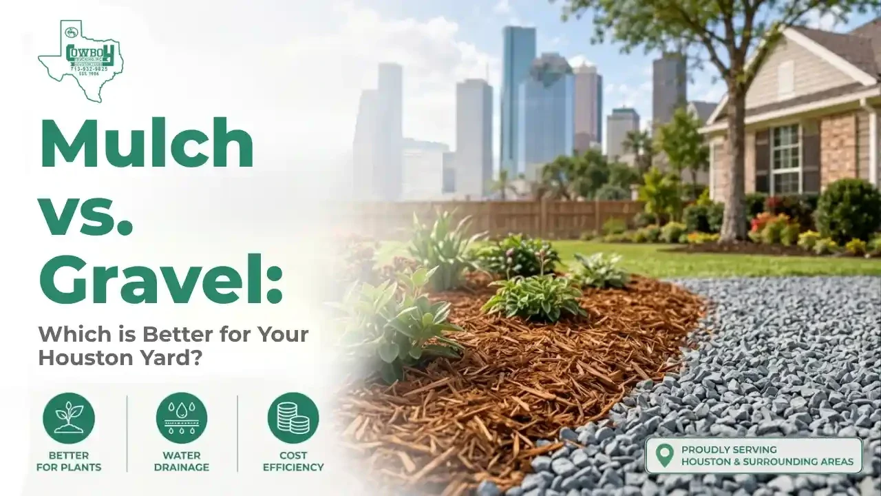 Mulch vs gravel landscaping in Houston yard with plants and decorative stone