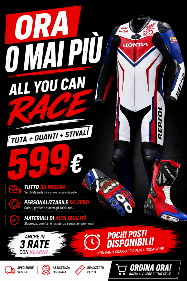 ALL YOU CAN RACE – Set Completo Su Misura Tuta + Guanti + Stivali 599€