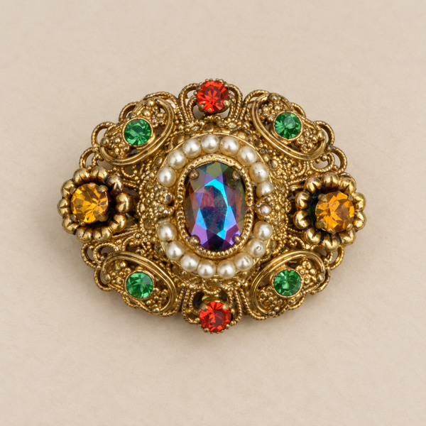 Broche dorée à ornements multicolores et perles fantaisie