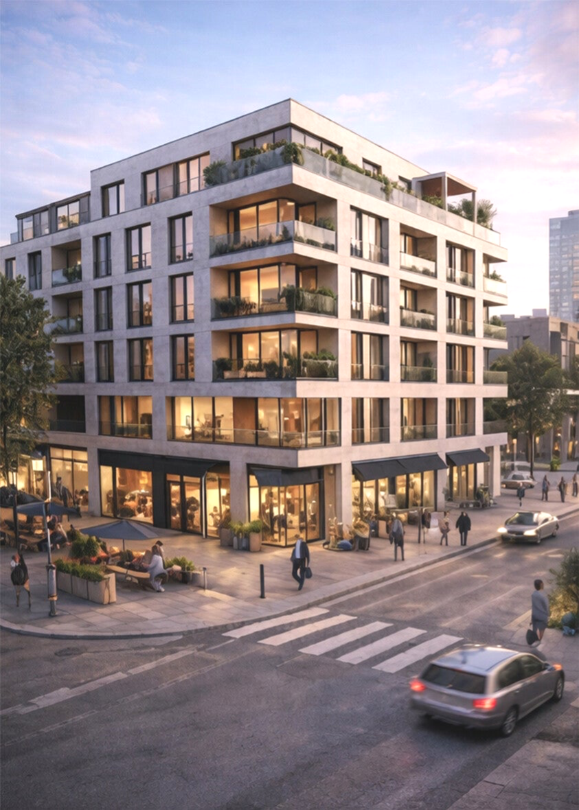 Modernes, mehrstöckiges Wohn- und Geschäftshaus in Ecklage mit heller Steinfassade, großzügigen Balkonen und belebter Ladenzone im Erdgeschoss.